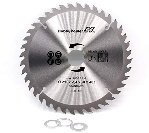 Lama per sega circolare in metallo duro per legno sega circolare da tavolo sega troncatrice 210 x 30 mm 40 denti + 3 anelli riduttori su 24,4 mm, 20 mm e 16 mm