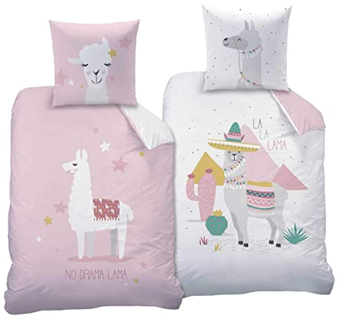 CTI Lama Wende-Bettwäsche 135x200 2-teiliges Set 100% Baumwolle mit Reißverschluss Alpaka Lama Queen Rosa