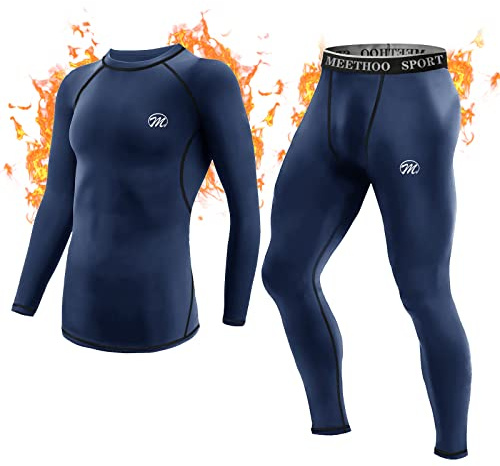 MeetHoo Ensemble de sous-vêtements Thermiques Homme, Sport Baselayer, Manches Longues, Haut Maillot de Corps + Pantalon Bas Hiver Ski,Bleu,XXL