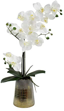 DARO DEKO Kunst-Pflanze Orchidee konischer Topf grau Gold und weiße Blüten 58cm hoch