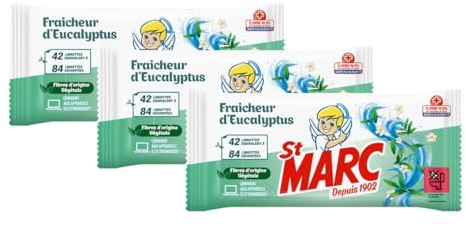 St Marc Lot de 3 sachets de 42 Lingettes Biodégradables Nettoyantes et Désinfectantes aux Huiles Essentielles d'Eucalyptus