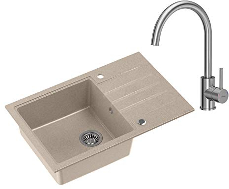 VBChome Spüle mit Armatur 78 x 50 cm Tiefes Becken 20cm Beige Küche Große Abtropfflache Einbauspüle Unterschränke ab 55 cm Verbundspüle Küchenspüle Einzelbecken + Siphon Wasserhahn Inox Edelstahl