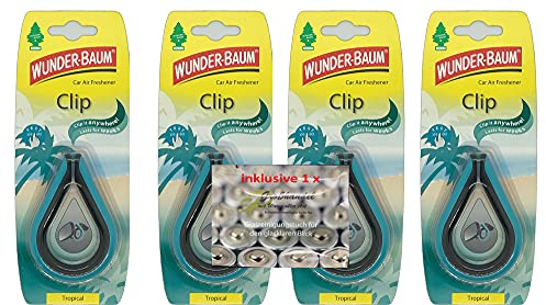 Wunder-Baum Clips im 3er oder 4er Pack - einfache Befestigung - toller Lufterfrischer für überall inkl. Original Glasreinigungstuch von SP Großhandel (Tropical 4er)