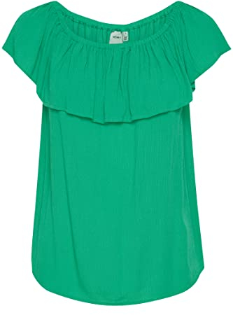 ICHI IHMARRAKECH Damen kurze Bluse Kurzarm Sommerliches Carmentop Schulterfreies Top mit lässigem luftigem Schnitt Viskose-Crepe Loose Fit, Größe:S, Farbe:Holly Green (165932)