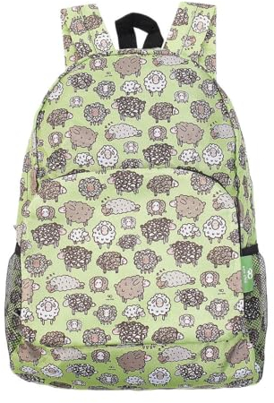 ECO CHIC Sac à dos pliable léger | Sac à dos durable résistant à l'eau | Se replie dans une pochette pour le rangement (Mouton mignon Vert)