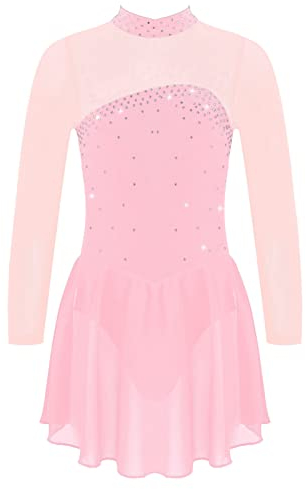 iEFiEL Mädchen Ballettkleid Glitzer Eiskunstlauf Kleid Kinder Swing Schaukel Tanzkleid Ballettanzug Langarm Body Trikot Turnanzug Wx_ Rosa 122-128