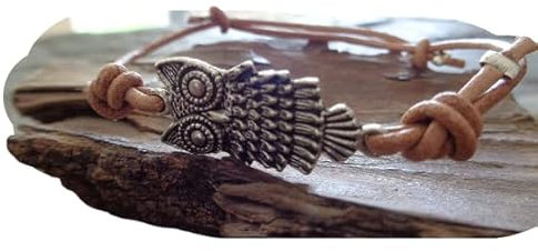 ⊹⊱✿ SILBER EULE ARMBAND IN LEDER ✿⊰⊹ sandfarbenes Armband mit Eule
