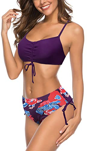 NLAND Costumi da Bagno Mare Donna Costume Due Pezzi Ruched Bikini Set EstateRegolabile Reggiseno Spiaggia con Slip Vita Alta(Viola L)