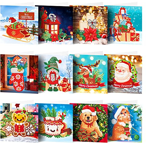 Demiawaking DIY 5D Diamond Painting Grußkarte Diamant Malerei Karten Weihnachtskarte Geschenkkarte mit Umschlag fuer Weihnachten Neujahr (12Pcs)