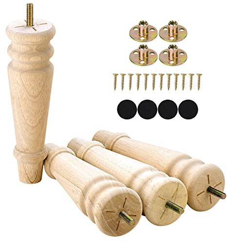 Maricome Unfinished Furniture Legs 8 inches Set of 4 Turned Wood Replacement Legs for Dresser Ottoman Chair Bench Solid Round Mid Century Screw in Pre-drilled M8 Bolt