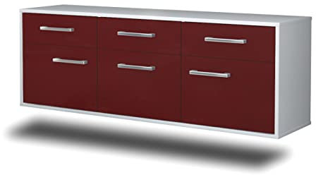 Lqliving TV-Board Lowboard Virginia Beach, Wandmontiert, Korpus in Weiss matt, Front im trendigem Rot, Bordeaux (136x47x35cm), mit Metall Griffen, Made in Germany