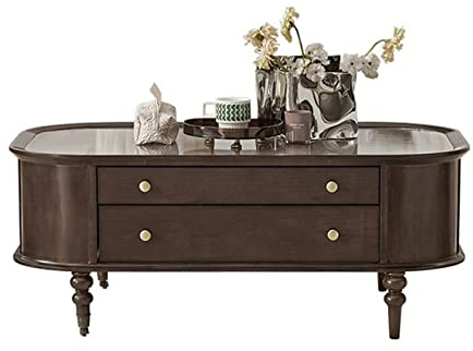 Couchtisch, Wohnzimmer-Beistelltisch, Sofatisch, Retro-Holz-Couchtisch mit temporärer Glasplatte, rechteckiger Wohnzimmertisch, Mitteltisch mit 2 Schubladen und Universalrädern, einfache Montage Cockt