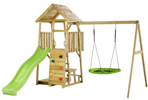 Kangui Aire de Jeux portique en Bois WOODI - Double balançoire ou Nid, Toboggan, Mur d'escalade, bac a Sable, Table Pique Nique, cabane, échelle
