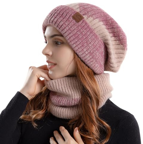 AYPOW Mütze Schal Sets für Damen, Winterset Strick Beanie Wolle Loop Schal mit Dicke Fleecefutter, Strickmütze Damen Wintermütze Mütze Schal Set für Wintergeschenk