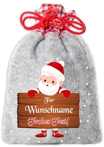 Süßes Weihnachtssäckchen/Nikolaussäckchen personalisiert mit Wunsch-Namen und Weihnachtsmann-Motiv für Kinder. Größe 12 x 20 cm