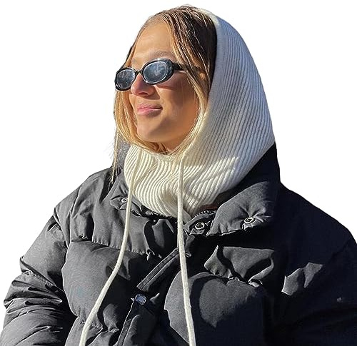 Betrodi Balaclava Knitted Winter Hat for Women Warm Windproof Hooded Scarf Beanie Hats with Adjustable Drawstring Skull Cap