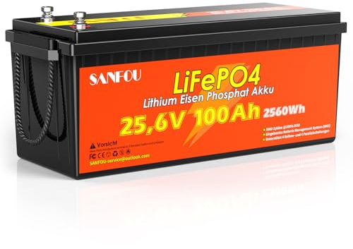 SANFOU 25.6V 100Ah LiFePO4 Batterie, Lithium Batterie Built-in 100A BMS, 2560Wh Deep Cycle Power, 5000+ Zyklen Akku für Wohnmobil, Wohnwagen, Anhänger und Solar Off-Grid System