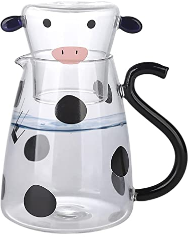 Jarra de agua de vidrio de vaca, jarra de vaca, jarra de vidrio con vaso, resistente al calor, bonita jarra de vidrio de vaca transparente, jarra de bebidas de animales con tapas, jarra de agua