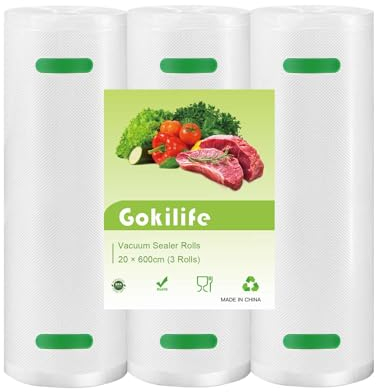Gokilife Vacuum Sealer Bags Rolls - 3 Rolls 20 x 600 cm Sous Vide Bags, BPA Free, Durable Commercial Customized Size Food Bags for Food Storage and Sous Vide Cooking