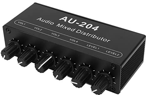 4 Way Headphone Amplifier, Portable Stereo Audio Amp with 2 Way Input 4 Way Output 3.5mm, Strong Interference Resistance DC5-19V Stereo Audio Splitter Box for Sound Mixer
