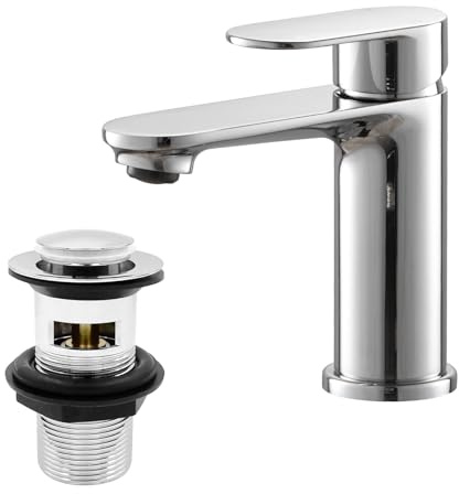 BATHWEST 072CR Robinet mitigeur de lavabo avec bonde de vidage pop-up en laiton monobloc moderne avec bouchon d'évier de salle de bain