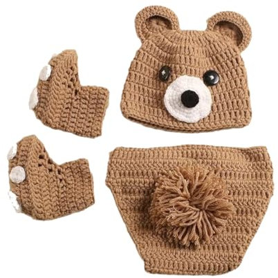 3Pcs Cute Bear Newborns Photography Costume Soft and Warm Knitting Outfit with Matching Shoes for Baby Photo Shoots Crochet Knitted Outfit