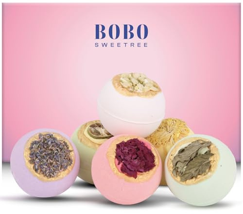 BoboSweeTree presentset för badbomb: 6 stora lyxiga riktiga blommor, naturlig ekologisk eterisk olja, bubbelbad, duschbomber, vårdgåvor för människor