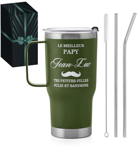 Maverton Mug Isotherme Cafe 600 ml - Mug Personnalisable Vert en Acier Inoxydable avec Paille et Boite - Cadeau Original pour Papy - Cadeau grand pere