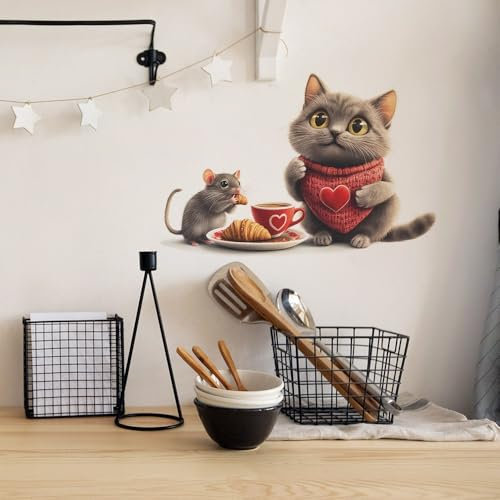 COVPAW Wandtattoo Maus und Katze Kaffee Wandaufkleber Kaffeepause Küche Cafe Wohnzimmer Büro Wandbild Kaffee Laden Möbel Kühlschrank Wanddekoration (Kaffeepause Maus und Katze)