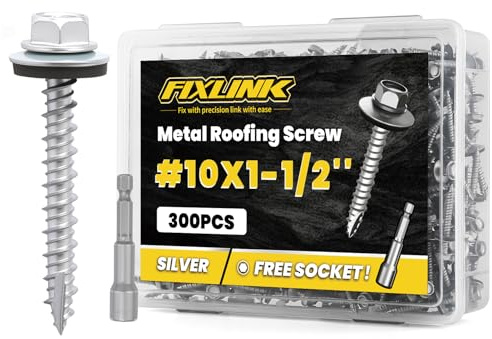 Metal Roofing Screws #10 x 1-1/2, 300 PCS, FIXLINK RUSPERT Hex Head Rubber Washer Sheet Metal Roof Screws Self Tapping Metal to Wood Siding Screws, Hex Socket Included, Silver