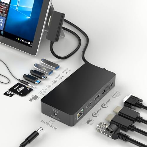 13 in 1 Microsoft Surface Dock, Surface Pro Docking Station Triple Display HDMI 4K VGA Microsoft Surface Hub Adapter für Surface Pro 11/10/9/8/X/7/6/5/4/3, Laptop 7/6/5/4/3/2/1, Book Laptop Go 3/2/1