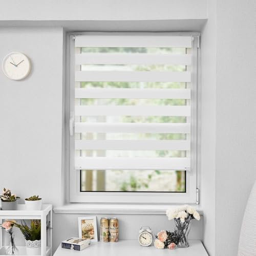 Buseu Store Enrouleur Jour Nuit sans Perçage, 55l x 100L cm (Largeur du Tissu 51) Blanc, Translucide, Respirant, Tissu Double, Protection Vie Privée, pour Fenêtres et Portes