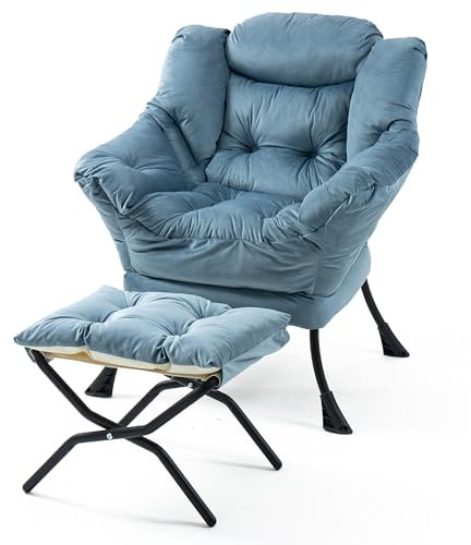 SNDMOR Sessel mit Hocker, Sessel Relaxsessel mit Metallgestell, Minimalistischer Polstersessel mit Seitentaschen, Geeignet für Schlafzimmer, Wohnzimmer, Balkone, Studie(Hellblau)