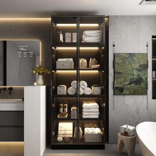 PREMTURE Vitrine en verre avec 5 étagères - Armoire avec éclairage LED - Vitrine avec portes en verre - Armoire de buffet pour cuisine, salon - Noir - 80 x 36 x 200 cm - Verre trempé