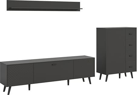 xonox.home - Wohnkombination Linea 3-TLG. Set 269x175x40 cm in grau Melamin und grau matt und schwarz - Wohnkombination Wohnwand Wohnzimmermöbel Wohnzimmerschrank - hochwertig verarbeitet