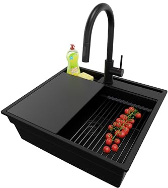 PRIMAGRAN Granitspüle ab 60er Unterschrank + Küchenarmatur, 58x53cm | Set: Küchenarmatur BW9010 + Ablauf-Set (Siphon, Ablaufgarnitur, Überlauf) + Spülbecken 1 Becken - Oslo Pocket, Alles Schwarz