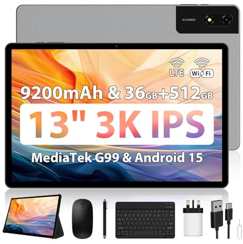 AXETOP 13 inch Tablet, Android 15 Tablet with SIM Card Slot, 36(12+24) GB RAM+512GB ROM, Helio G99 2.2Ghz Octa-Core Gaming Tablets, 9200mAh, Widevine L1, 8MP+13MP, 2944x1840 IPS, 18W Charge - Gray