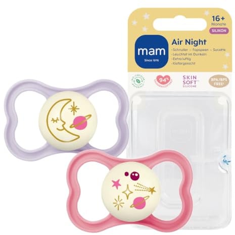 MAM Air Night Schnuller | 16+ Monate | leuchtende Schnuller | 94% Akzeptanz | Babyschnuller mit Experten entwickelt | besonders hautfreundlich | SkinSoft Silikon | Mond/Universum | 2 Stück