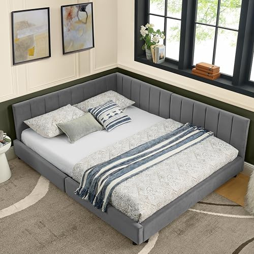 LAKFEW Schlafsofa Bett 160x200 mit Hoher Rückenlehne, Schlafcouch Polsterbett aus Samt, Tagesbett mit Lattenrost, Schlafzimmer möbel, Ohne Matratze, Samt, Dunkelgrau