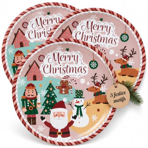 MIJOMA Weihnachts Serviertablett 3er Set rund Ø 26 cm aus Metall mit traditionellen Xmas Motiven glänzend bunt Deko Tablett Weihnachten Geschenk Plätzchenteller