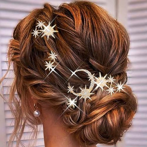 Fashband Stern-Mond-Braut-Haarnadeln, Kristall-Brauthaarschmuck, Strass-Göttinnen-Haaraccessoires für Frauen (5er-Pack) (Gold)