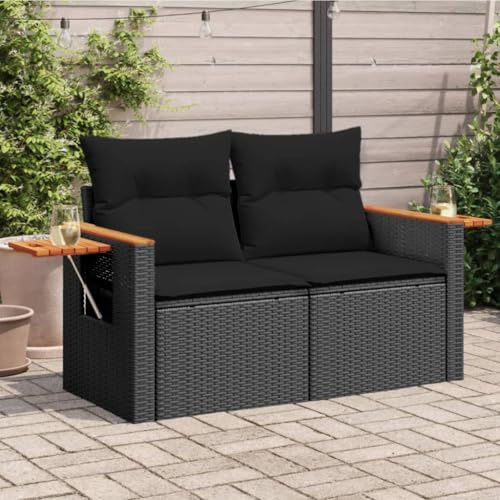 Hoopleep Gartensofa mit Kissen 2-Sitzer Schwarz Poly Rattan, Outdoor Lounge Sofa mit klappbaren Tischen, Stauraum, wasserfester Beutel, UV-beständig für Terrasse Balkon