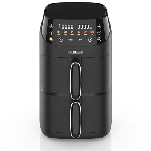 Arendo - Mini Heißluftfritteuse 2 Kammern - 5 Liter Doppelstock – 2000 Watt – 2 Frittierbehälter inkl. Abtropfblech – 6 Funktionsprogramme – Sync und Match-Funktion – kompakt und platzsparend