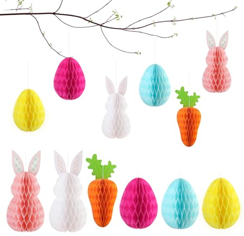 SJUNJIE Papierblumen zum Aufhängen 12Kaninchen Osterdeko Waben Papierkugeln | Kaninchen Ostern Hängende Wabe Papierkugel Hängehase Papier Baumschmuck für Osterdeko Drinnen und Draußen Frühling Deko