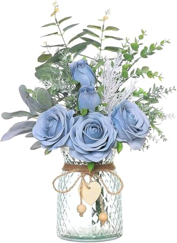 Faux Flowers with Vase Artificial Blue Rose Flowers in Vase Fake Eucalyptus Plant Floral Arrangement for Table Centerpieces, Baby Shower, Home Kitchen Office Coffee Shop Decorations (Blue)