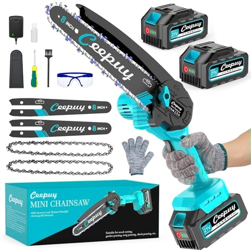 CEEPUY Mini motosega a batteria 2x4000 mAh, 8 pollici motosega elettrica senza fili con iniettore di olio e catena di ricambio, adatta per potatura di alberi da giardino (880W)