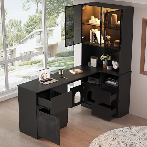 BTM Eckschreibtisch mit Regal und LED-Vitrinenschrank Schreibtisch Schrank mit Schubladen, Bücherregal und Haustierfach Schwarz