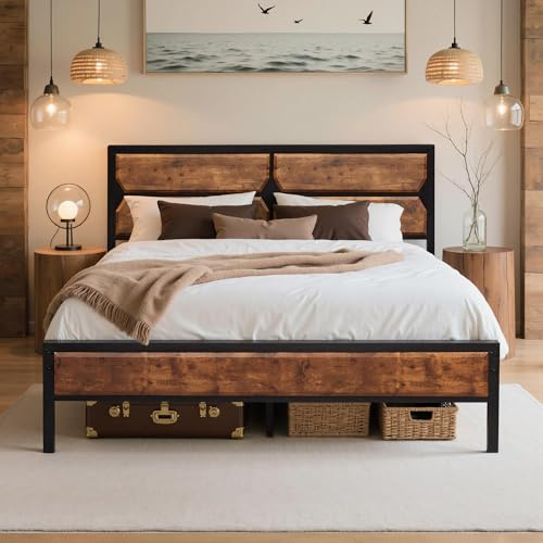 VECELO Bettgestell 140x200 cm, Metall-Holz Doppelbett mit Lattenrost, geräuschlos und stabil, mit Stauraum, einfache Montage für Schlafzimmer und Gästezimmer, Braun