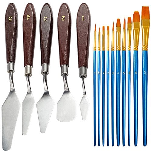 FineGood 5 Stück Palette Messer Set mit 10 Stück Malerei Pinsel, Edelstahl Spachtel Ölfarbe Metall Malmesser Holzgriff und Nylon Haarbürsten für Künstler Anfänger