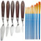 FineGood 5 Pz Coltelli per tavolozze Set con 10 pennelli per Pittura, Acciaio per spatola Olio per Metallo Coltello per Legno Manico in Legno e spazzole per Capelli in Nylon per artisti Principianti